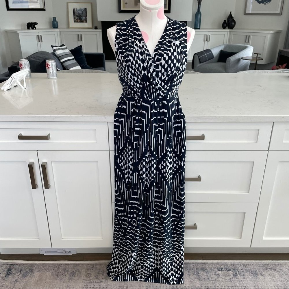 Mario Serrani Italy Slvless V Nk Faux Wrap Geo Print Maxi Dress Navy Sz M - Picture 10 of 10